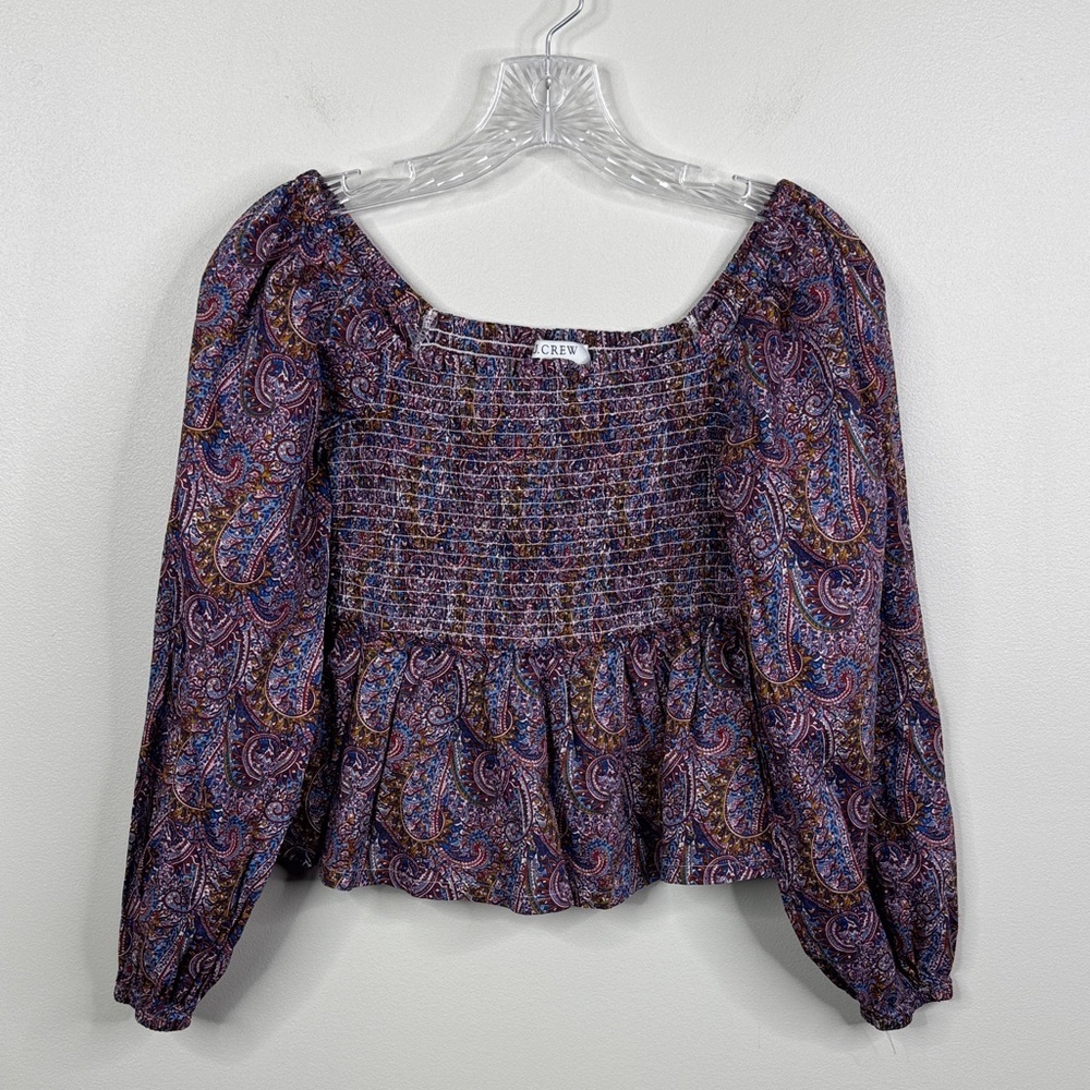 J. Crew Liberty Fabrics Smocked Puff Sleeve Peplum Top Purple Paisley Small
